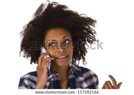 Young african american woman with cellphone - isolated on white background