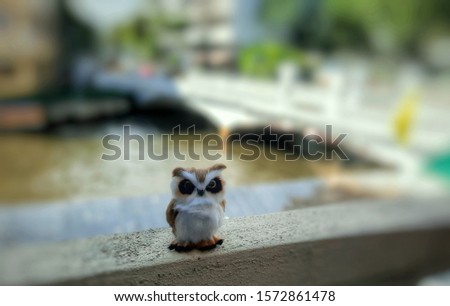 The image of a furry owl toy doll stands on the edge of the back porch in the morning, taken with blurred background.