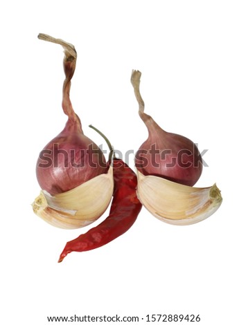 Close-up picture of chili, garlic, shallot is a spicy herb for Thai assembly. White background
