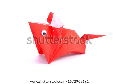 Mouse origami paper art isolated on white background. Ideas for DIY hobby (Do It Yourself) for Children. Chinese Zodiac                             