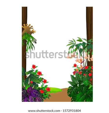 Beautiful Tropical Plants With Red Rose Flower, Pink Flower, And Green Ivy Plant Cartoon Set for your design