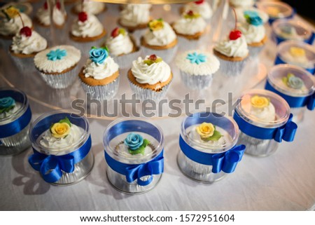 beautiful and delicious small cakes lined up neatly