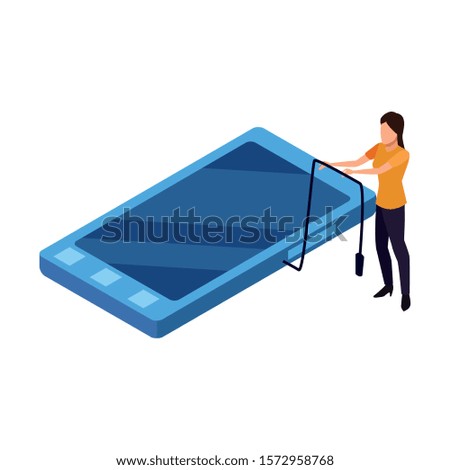smartphone and avatar woman standing icon over white background, vector illustration