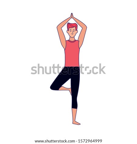 cartoon man doing yoga tree pose icon over white background, colorful design , vector illustration