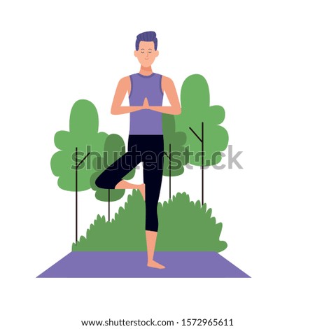 cartoon man doing yoga tree pose at outdoors with trees over white background, colorful design , vector illustration