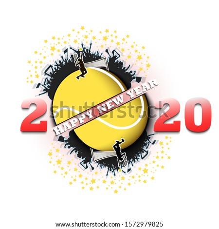 Happy new year 2020 and tennis ball with tennis player and fans. Creative design pattern for greeting card, banner, poster, flyer, party invitation. Vector illustration