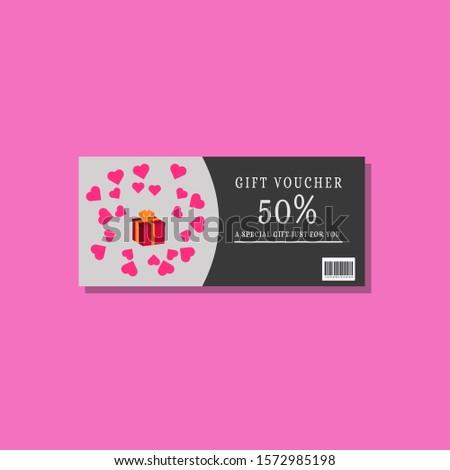 50 percent gift voucher template with a gift box surrounded by a love symbol with a pink background and a barcode flat design vector illustration