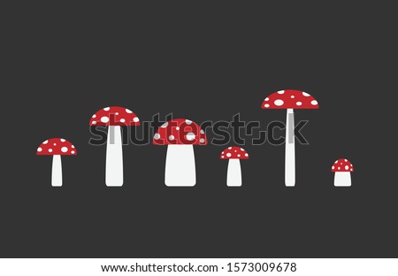 Mushrooms in row. Cartoon style poisonous fly agaric mushroom. Simple shape logo icon. different size toadstool. Vector illustration image isolated on black background. Royalty-Free Stock Photo #1573009678