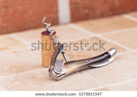 close up of wine opener screw with cork of wine isolated background. 