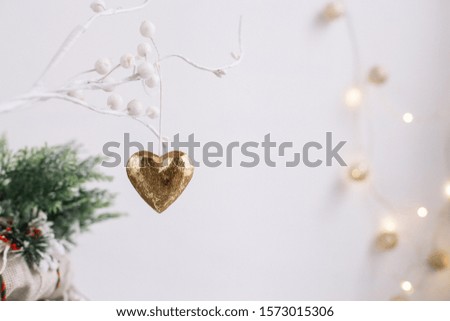 Valentine's heart golden decoration copy space card. Christmas new year gold heart  decoration. Valentine's love day.