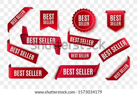 Best seller red ribbon isolated. Vector 3d labels. Royalty-Free Stock Photo #1573034179