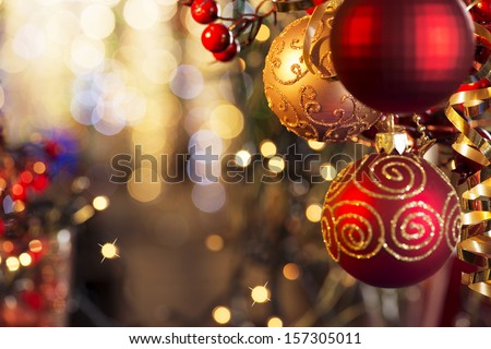 Christmas and New Year Decoration. Bauble on Christmas Tree. Shallow DOF