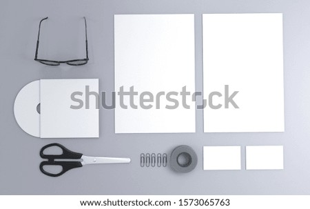 Letterhead, business card, cd cover, eyeglasses, clips, tape, and scissor for branding