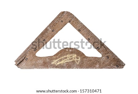 old triangle wooden protractor isolated on white background