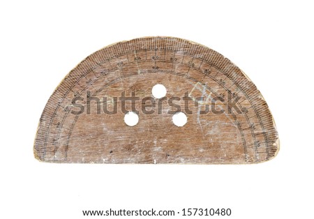 old circle wooden protractor isolated on white background