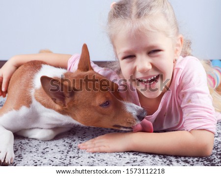 Little blonde curly hair girl smile hugging a red basenji dog. A dog licks a girl's hand.
