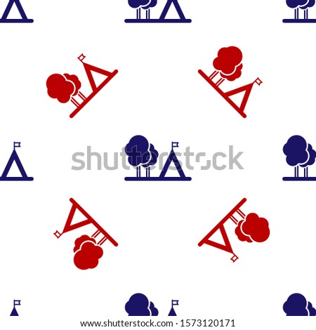Blue and red Tourist tent with flag icon isolated seamless pattern on white background. Camping symbol.  Vector Illustration