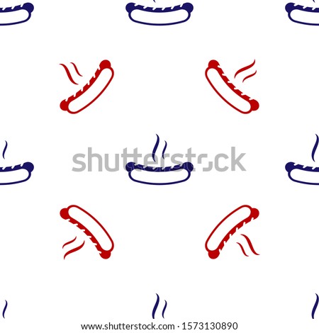 Blue and red Hotdog sandwich with mustard icon isolated seamless pattern on white background. Sausage icon. Fast food sign.  Vector Illustration