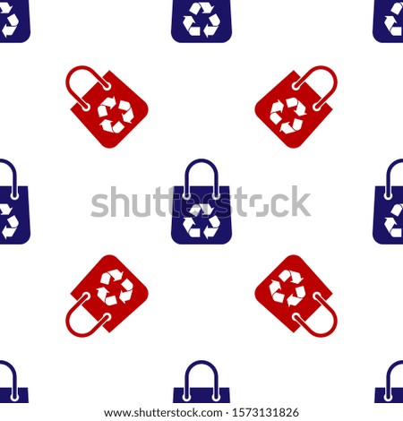 Blue and red Paper shopping bag with recycle icon isolated seamless pattern on white background. Bag with recycling symbol.  Vector Illustration