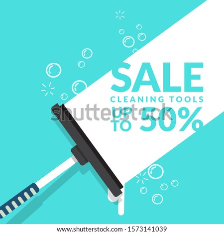 vector of squeegee scraping on blue background with bubble foam and text for advertisement of cleaning tools sales. cleaning product , equipment tools of house cleaning business banner template Royalty-Free Stock Photo #1573141039