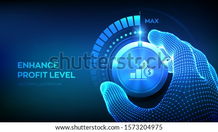 Profit levels knob button. Increasing Profit Level. Wireframe hand turning a profit test knob to the maximum position. Finance concept of profitability or return on investment. Vector illustration. Royalty-Free Stock Photo #1573204975
