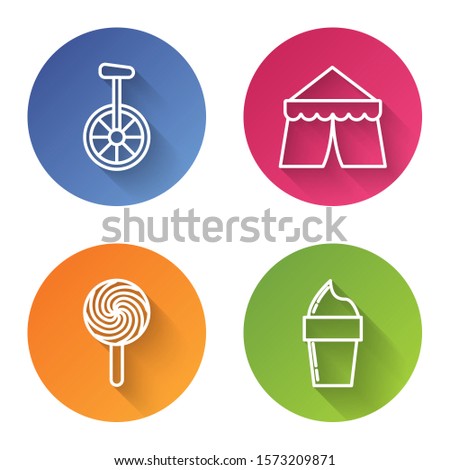 Set line Unicycle or one wheel bicycle, Circus tent, Lollipop and Ice cream in waffle cone. Color circle button. Vector