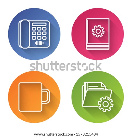 Set line Telephone, User manual, Coffee cup and Folder settings with gears. Color circle button. Vector