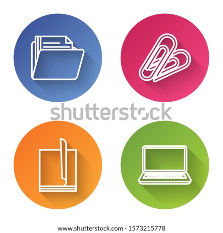 Set line Document folder, Paper clip, File document and Laptop. Color circle button. Vector
