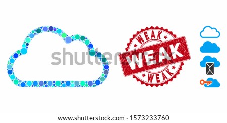Mosaic cloud contour icon and distressed stamp seal with Weak text. Mosaic vector is designed with cloud contour icon and with randomized spheric items. Weak stamp uses red color,