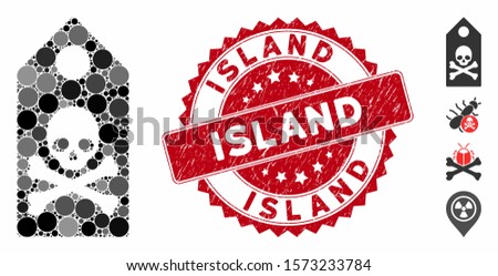 Mosaic death mark icon and rubber stamp seal with Island phrase. Mosaic vector is composed with death mark icon and with scattered spheric items. Island stamp seal uses red color,