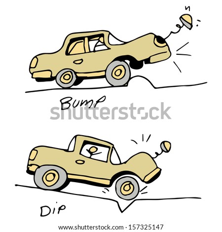 An image of a car hitting a bump and dip in the road.