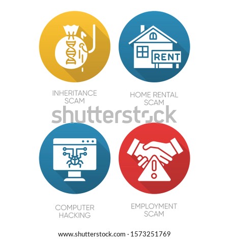 Scam types flat design long shadow glyph icons set. Inheritance, home rental fraudulent scheme. Computer hacking. Employment scamming. Cybercrime. Financial scamming. Vector silhouette illustration