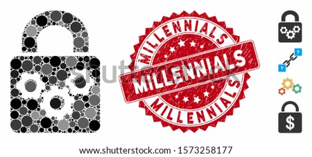 Mosaic lock gears icon and grunge stamp seal with Millennials caption. Mosaic vector is formed with lock gears icon and with scattered round spots. Millennials stamp seal uses red color,