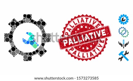 Mosaic service tools icon and corroded stamp seal with Palliative text. Mosaic vector is composed with service tools pictogram and with randomized spheric spots. Palliative stamp seal uses red color,