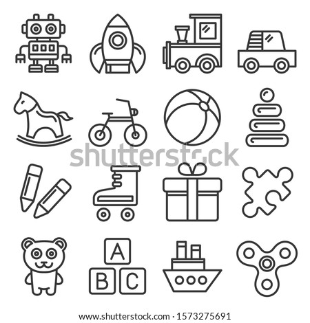 Toys Icons Set on White Background. Line Style Vector Royalty-Free Stock Photo #1573275691