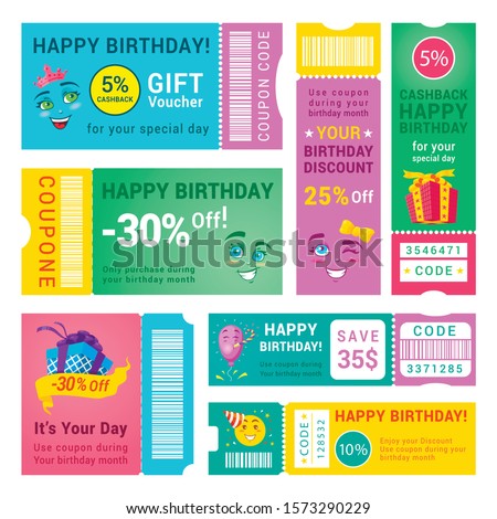 Happy birthday promo vouchers vector design templates set. Discount coupons, holiday special offers certificates. Printable gift cards, flyers, sale tags colorful layouts collection with barcodes