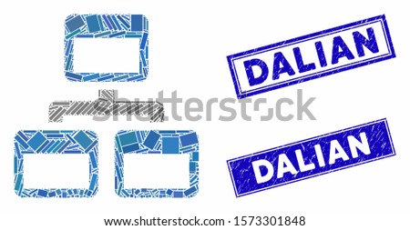 Mosaic site map icon and rectangle Dalian stamps. Flat vector site map mosaic icon of scattered rotated rectangle elements. Blue Dalian stamps with grunge texture.
