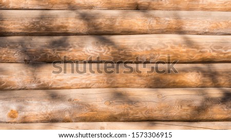 Wooden background - a wall of logs with shadows from tree branches, close-up
