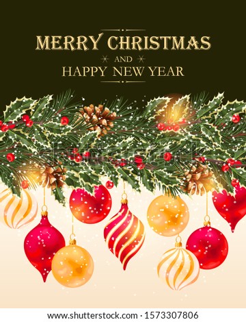 Christmas high detailed vector card with christmas decorations and green pine branches