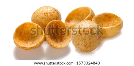 Fried and Spicy Moon Cup, Vatka, Katori, Moon Chips, Snacks or Fryums (Snacks Pellets) White background. selective focus - Image Royalty-Free Stock Photo #1573324840