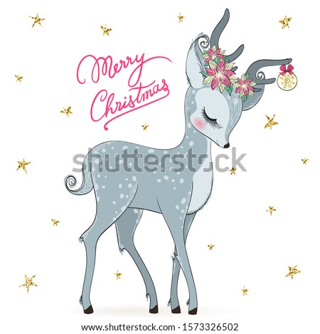 Hand drawn beautiful cute fashion winter deer girl with the words Merry Christmas. Vector illustration.