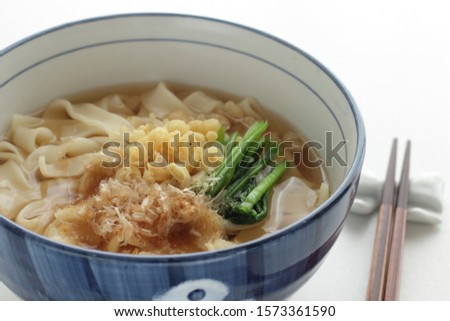 Japanese food, Katsuobushi and flat Udon Kishimen noodles Royalty-Free Stock Photo #1573361590