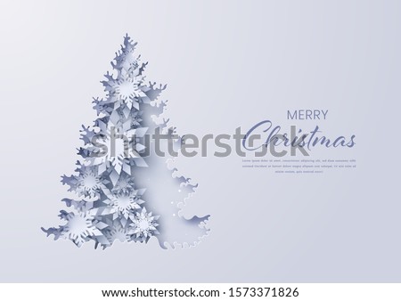Paper cut christmas tree on background with snowflakes,Gretting card,Vector illustration