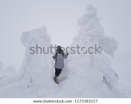 Human with snow monster, snow cover on trees in winter, Zao Onsen, Yamakata, Tohoku, Japan.