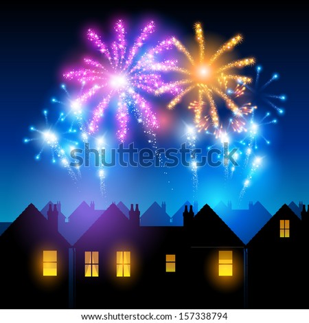 Fireworks lighting up the sky behind town houses. Royalty-Free Stock Photo #157338794