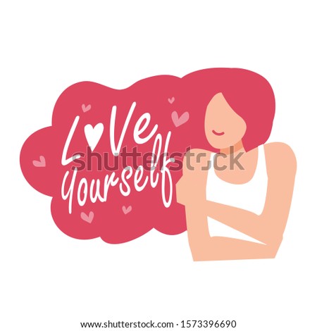 Love yourself concept. Vector illustration flat design style. Happy woman hug herself. Love your body concept. Girl Healthcare Skincare and Haircare. Royalty-Free Stock Photo #1573396690