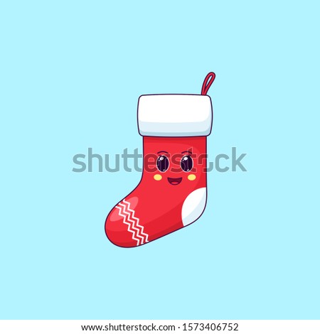 Cartoon kawaii Santa Sock with Cheerful face. Cute Santa Claus Sock for Christmas celebration, Childish Character with Cheerful emotion. Vector illustration