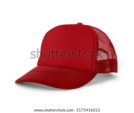 Side View Realistic Cap Mock Up In Flame Scarlet Color is a high resolution hat mockup to help you present your designs or brand logo beautifully.