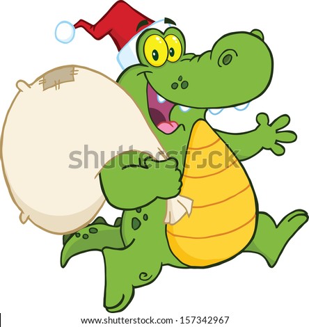 Crocodile Santa Cartoon Mascot Character Running With Bag