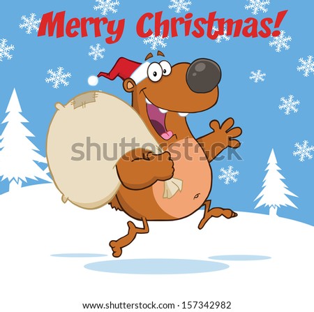 Merry Christmas Greeting With Santa Bear Running With Bag And Waving